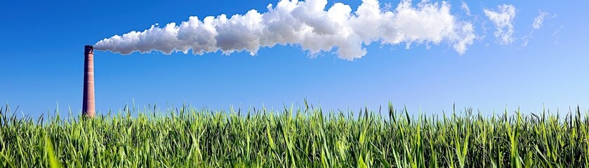 Obraz premium Industrial Chimney Emitting Smoke Over Green Grasslands Under Clear Blue Sky in a Rural Landscape