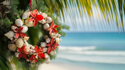 Tropical Christmas wreath with seashells and red flowers