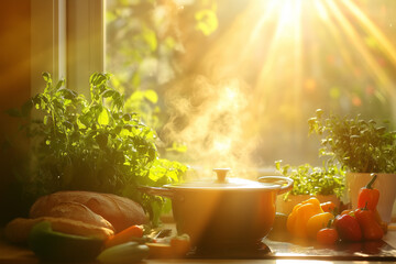 A steaming pot on a ceramic hob in a modern kitchen, with fresh vegetables and bread nearby