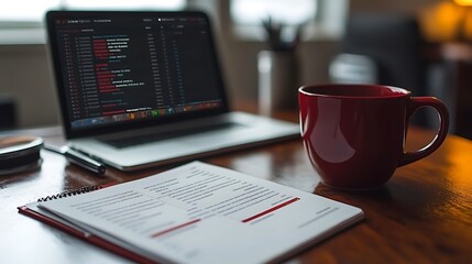 Obraz premium A person working from a home office with a laptop, planner, and coffee mug