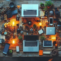 A remote team collaborating on a project with laptops and digital devices