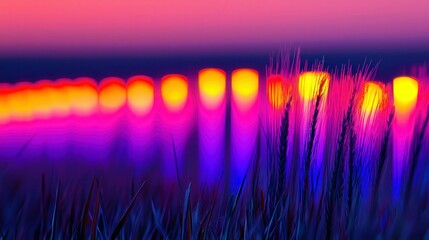 Vibrant Sunset Over Serene Field with Blurry Grass Silhouettes and Colorful Reflections in the Background