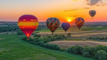 Fototapeta premium Hot Air Balloons Soar Above Rural Landscape At Sunset