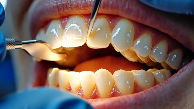 Dentist performing dental procedure with specialized tools on a patient's mouth