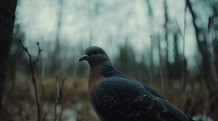 Dove in a forest clearing during winter twilight