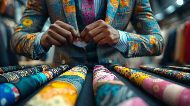 The cloth merchant is measuring the size of the cloth.