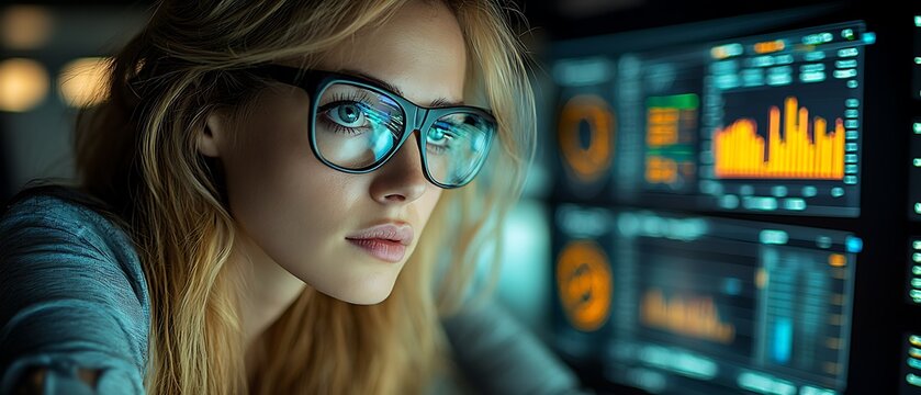 A woman participating in a video conference call with multiple screens displaying charts and graphs