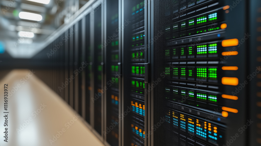 Poster a row of computer servers with green lights on them. the servers are lined up in a row and are very 