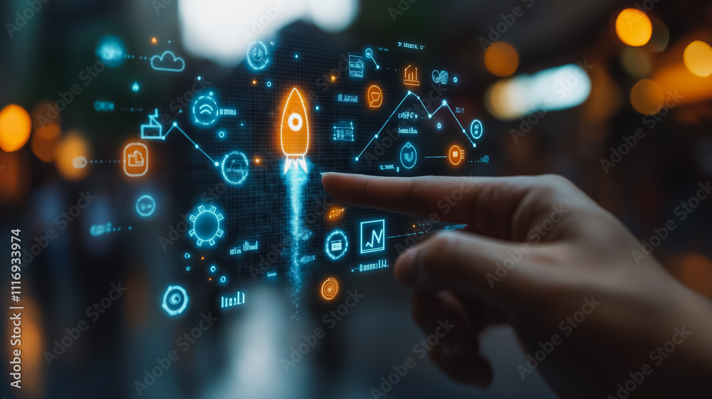 Poster a hand pointing at a rocket on a screen with various icons and numbers surrounding it. concept of pr