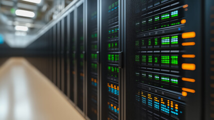 A row of computer servers with green lights on them. The servers are lined up in a row and are very tall