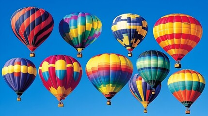 Obraz premium Colorful hot air balloons float against a clear blue sky.