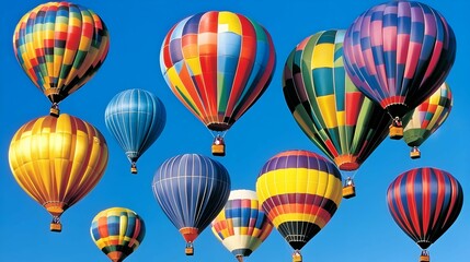 Obraz premium Colorful hot air balloons float against a vibrant blue sky.