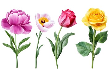 Obraz premium Watercolor Flower, Painting on canvas, Illustration Retro set with different daisy flowers. Colorful vector illustration isolated on white background in vintage style flower, watercolor, vector, pink,