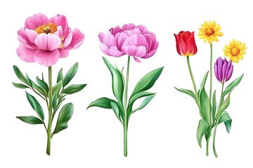 Fototapeta premium Watercolor Flower, Painting on canvas, Illustration Retro set with different daisy flowers. Colorful vector illustration isolated on white background in vintage style flower, watercolor, vector, pink,