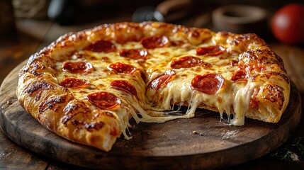 Sizzling pepperoni pizza rustic kitchen food cozy environment close-up view culinary delight