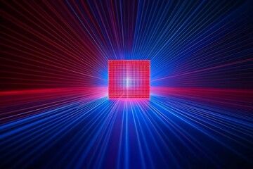 Obraz premium Laser Grid Lights Forming a Vibrant 3D Cube with Intense Red and Blue Colors for Futuristic Stage Design