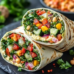 Delicious veggie wrap filled with hummus, chickpeas, spinach, peppers, cucumbers, and red onion.