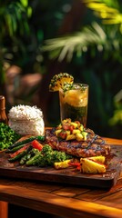 Delicious grilled steak with pineapple salsa and fresh greens tropical garden food vibrant setting