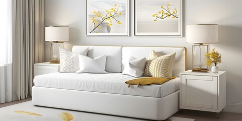Modern living room decor cozy white sofa in bright home environment for relaxation inspiration