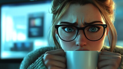 Frustrated woman drinking coffee, late night work.