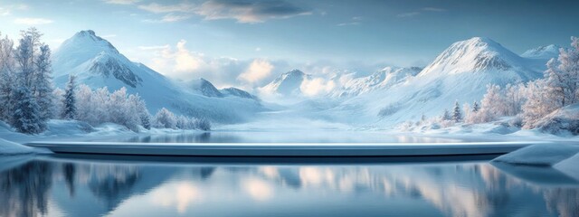 Winter Snow Landscape Ice Mountains Reflective Lake Podium Stage Display Frozen Glacier Abstract