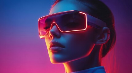 Close-up of a woman wearing futuristic glowing sunglasses in neon lighting