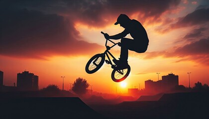Obraz premium A BMX rider doing a trick, silhouette, action photography, aesthetics,