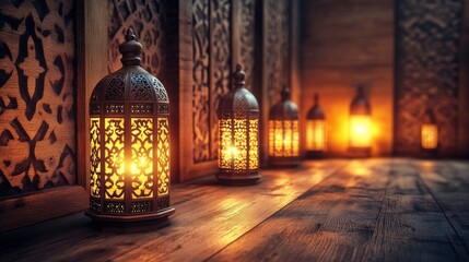 A serene arrangement of ornate lanterns casting warm light in a wooden setting.