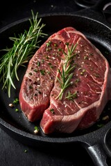  Fresh Raw sirloin rump steak in a skillet with herbs. Black background. Top view. Copy space
