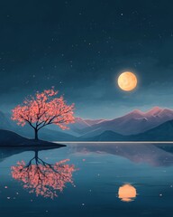 A serene night scene with a cherry blossom tree and moonlit reflection.