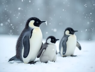 Obraz premium Penguins standing in the snow under a winter sky in their natural habitat.