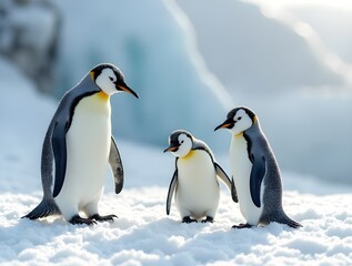 Obraz premium Penguins standing in the snow under a winter sky in their natural habitat.