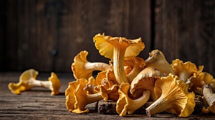Fresh yellow delicious vegetarian chanterelle mushroom with beautiful texture of its cap on wooden background, conceptual of the autumn or fall season