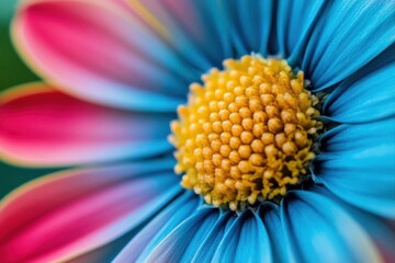 Close-up of a vibrant blue and pink flower with a yellow center.