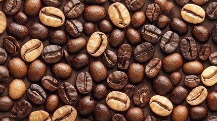 Obraz premium Composition of diverse coffee beans from different regions on a dark wooden surface