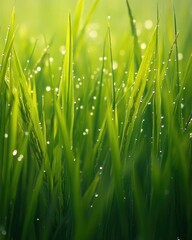Obraz premium Dew-kissed grass blades glisten in soft morning light.