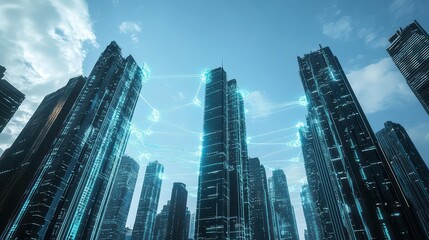 Futuristic cityscape with interconnected skyscrapers and digital networks.