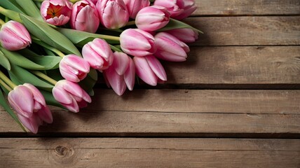 Pink tulips, floral arrangement on wooden background from old boards and a space for messages. Background for Mother's Day, 8 March and other greeting cards for lovely women. Soft focus, top view