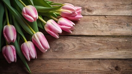 Fototapeta premium Pink tulips, floral arrangement on wooden background from old boards and a space for messages. Background for Mother's Day, 8 March and other greeting cards for lovely women. Soft focus, top view