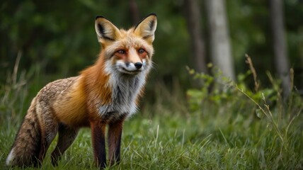 Fototapeta premium Red Fox Standing in A Green Nature Background in A National Park