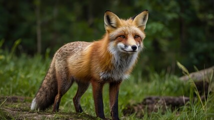 Fototapeta premium Red Fox Standing in A Green Nature Background in A National Park