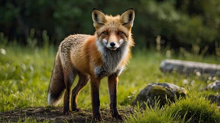 Red Fox Standing in A Green Nature Background in A National Park
