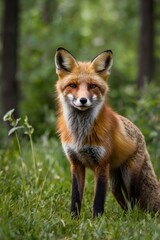 Fototapeta premium Red Fox Standing in A Green Nature Background in A National Park