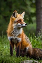 Naklejka premium Red Fox Standing in A Green Nature Background in A National Park