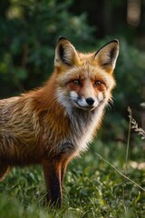 Obraz premium Red Fox Standing in A Green Nature Background in A National Park