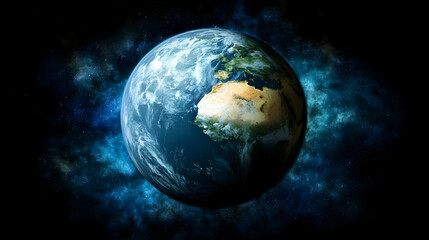 Earth globe in space, showing continents and clouds against a dark blue nebula.