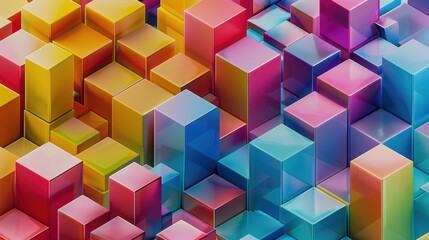 Obraz premium A vibrant array of glossy, colorful 3D cubes in various sizes.