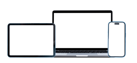 Set of smart devices smartphone, tablet and laptop with blank screen isolated on transparent background, PNG Format
