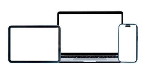 Set of smart devices smartphone, tablet and laptop with blank screen isolated on transparent background, PNG Format