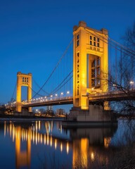 A beautifully illuminated bridge at dusk, reflecting in the water below.
